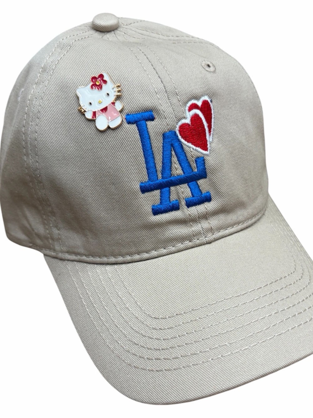 LA Embroidered Tan Cap with Red Heart and Hello Kitty Pin LA Dodgers hat LA hat